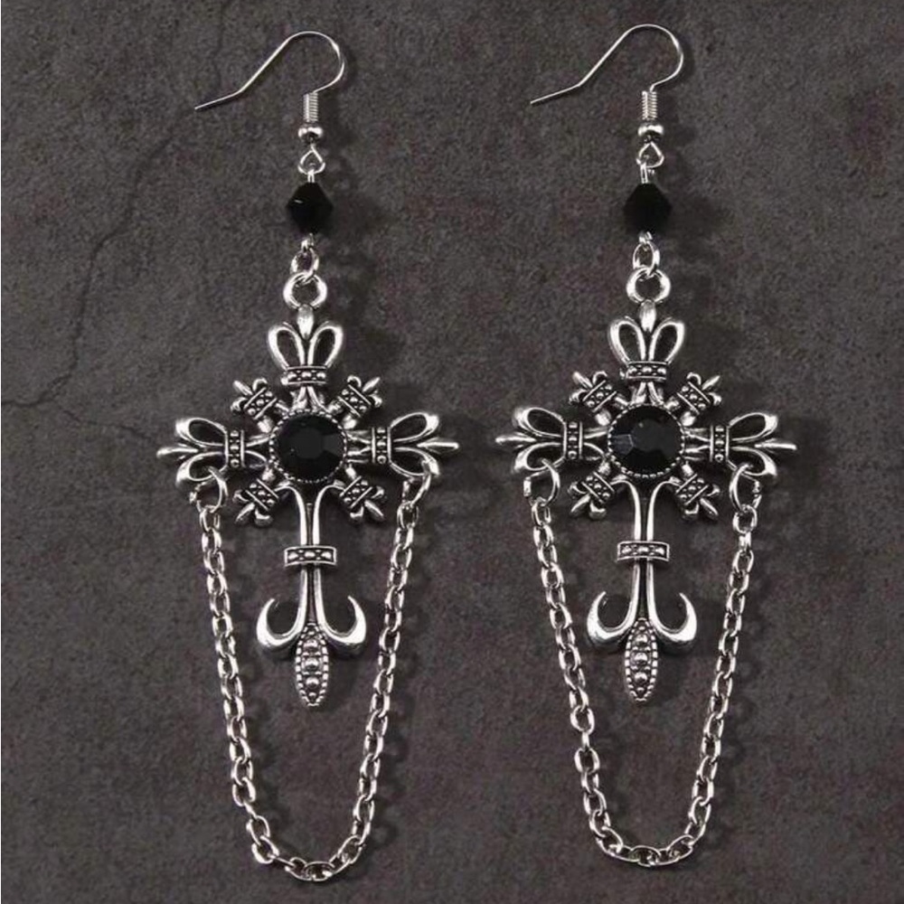 Elegant Silver and Black Cross Dangle Earrings - Picture 3 of 4